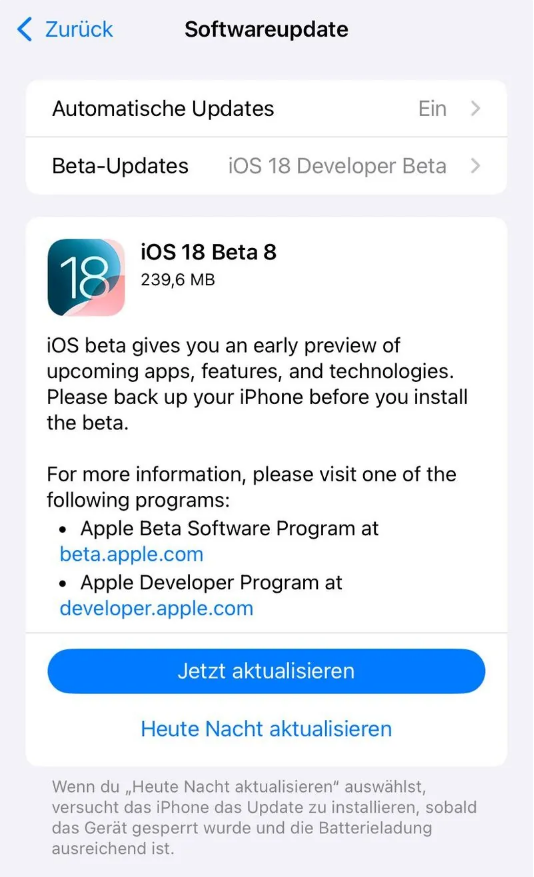 铁力苹果手机维修分享苹果 iOS / iPadOS 18 开发者预览版 Beta 8 发布 